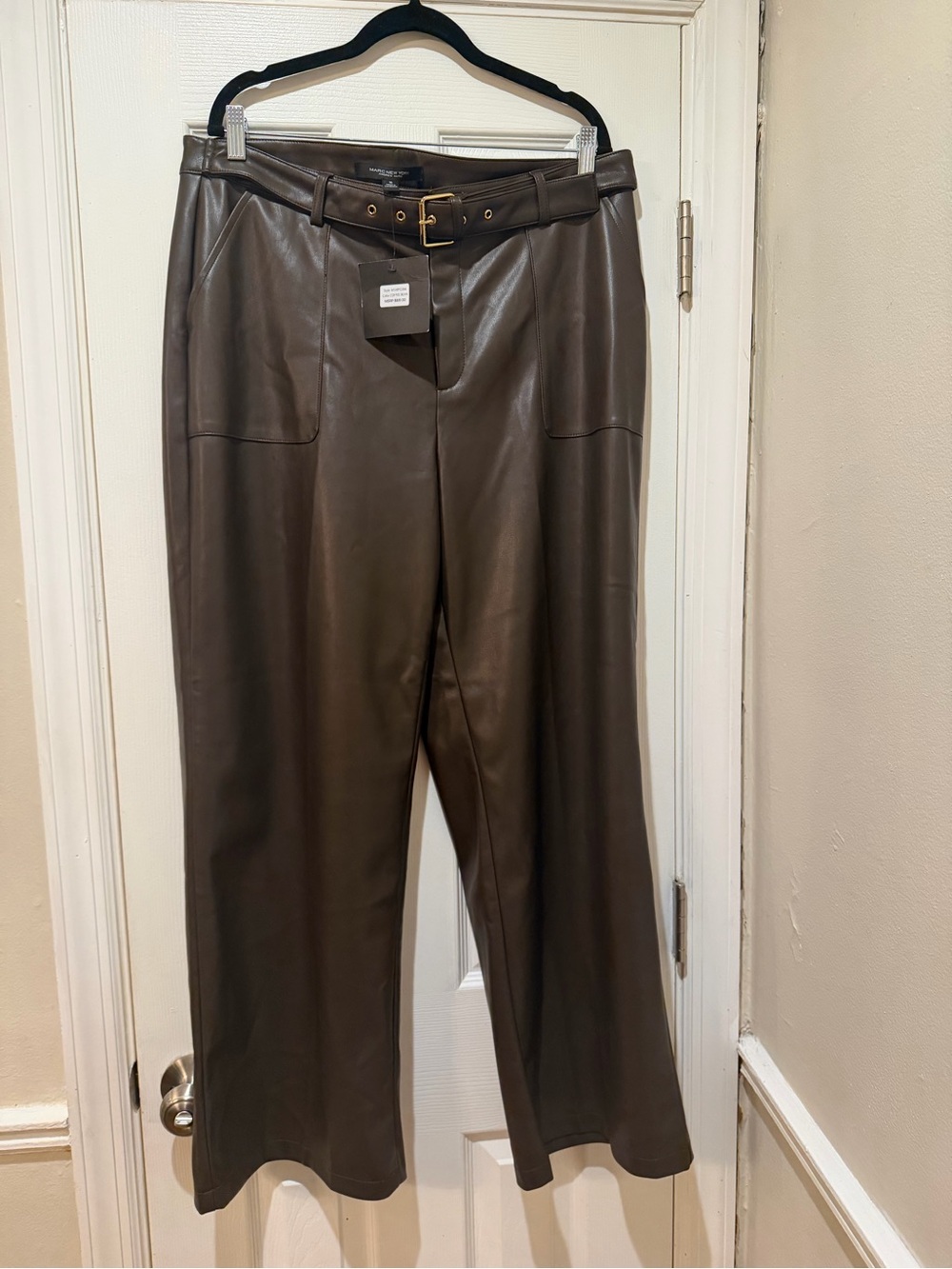 Marc New York Wide-Leg Faux Leather Pants in Dark Brown with Belt